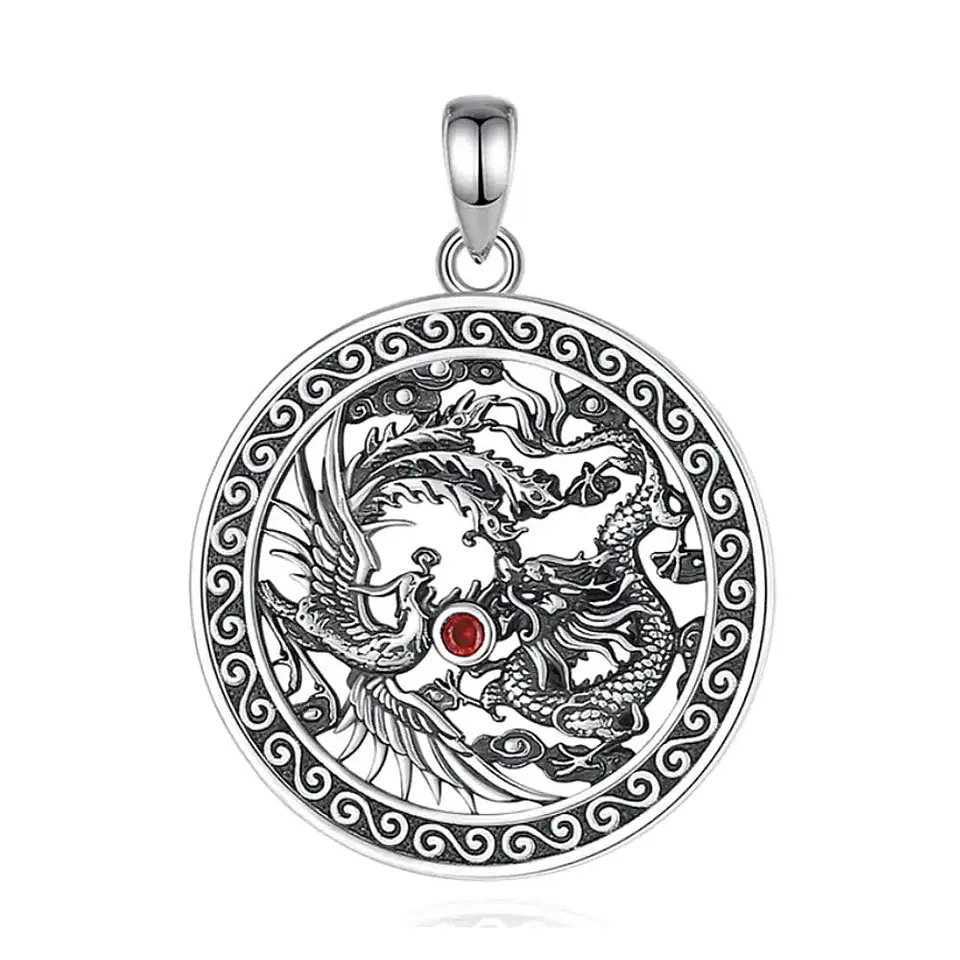 Colgante ave fenix y dragon con granate en plata 925 1