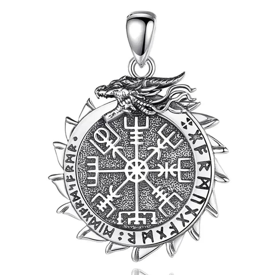 Colgante dragón vikingo con brújula vikinga en plata 925 1
