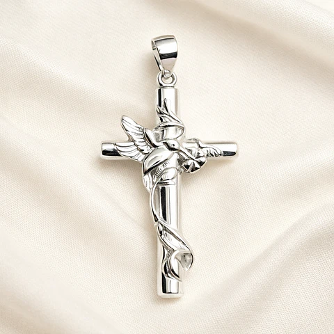 Colgante cruz con colibrí en plata 925