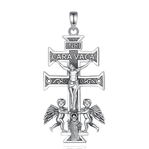 Colgante cruz de Caravaca, cruz con san Benito en plata 925
