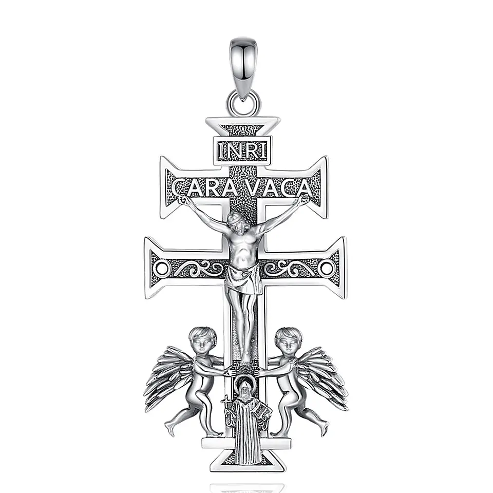 Colgante cruz de Caravaca, cruz con san Benito en plata 925 1