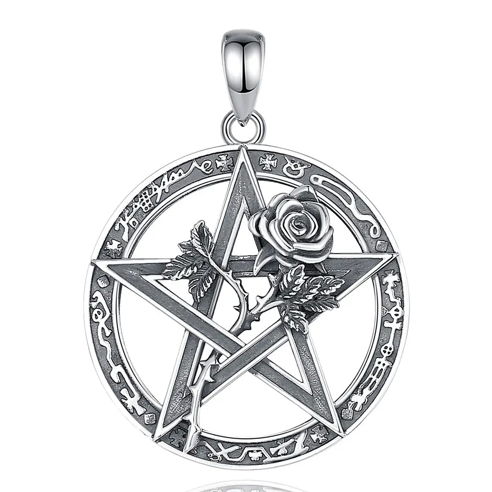 Colgante pentagrama con rosa y espinas en plata 925 1