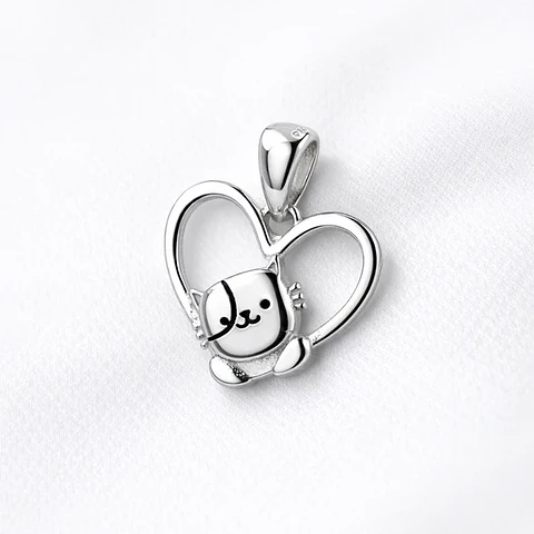 Colgante gato divertido corazon en plata 925