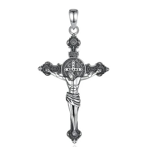 Colgante cruz con San Benito en plata 925