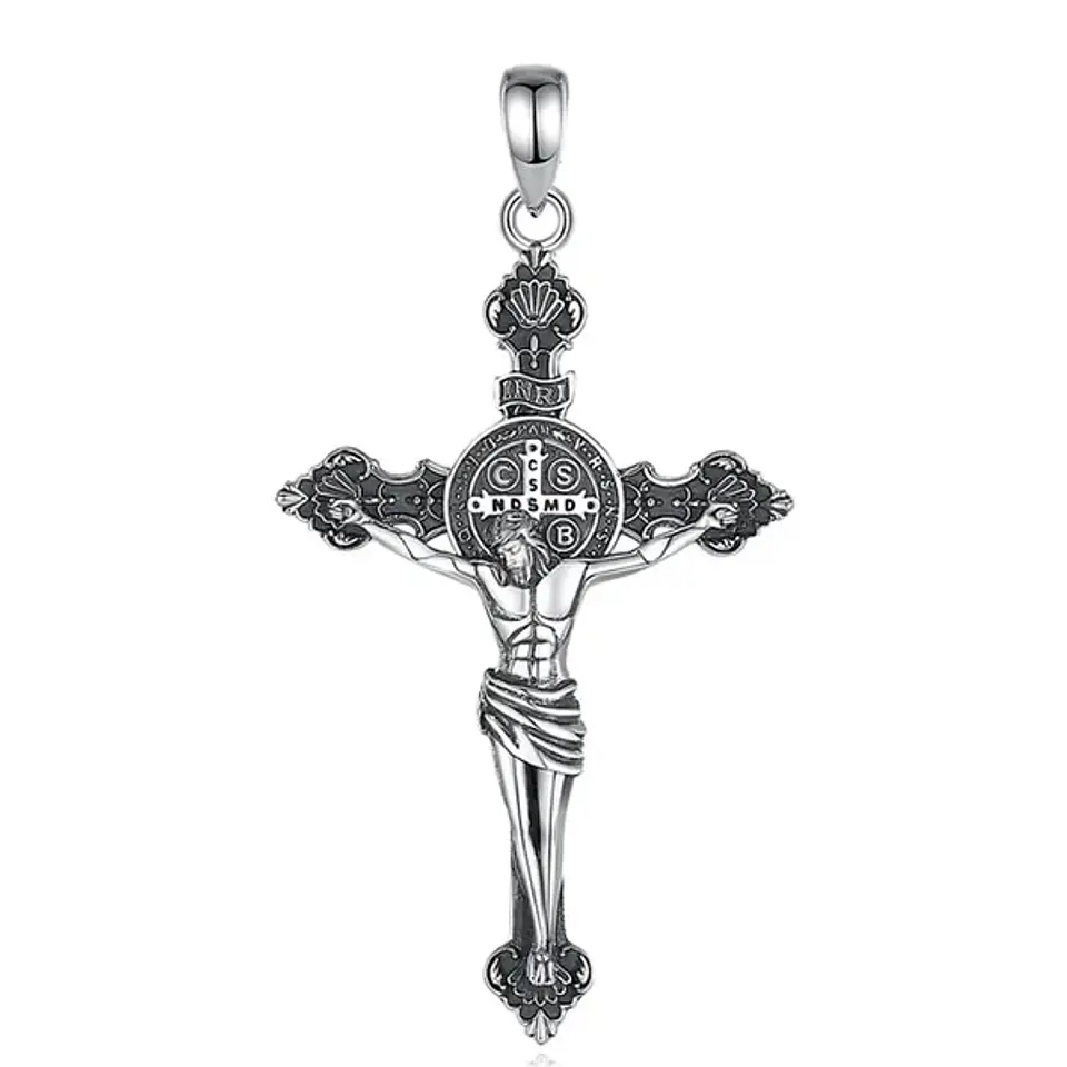 Colgante cruz con San Benito en plata 925 1