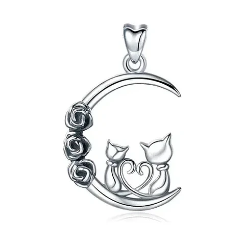 Colgante Media Luna Con Pareja De Gatos En Plata 925