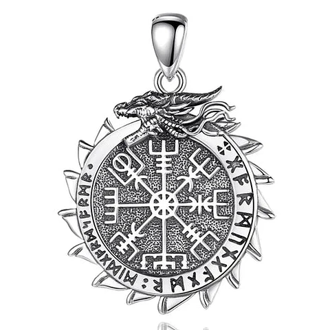 Colgante dragón vikingo con brújula vikinga en plata 925