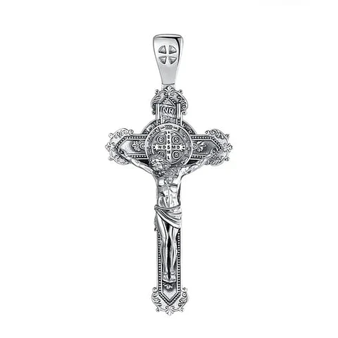 Colgante cruz San Benito maciza con cristo en plata 925