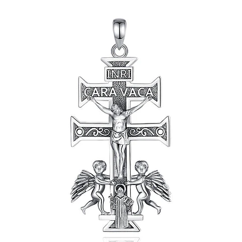 Colgante cruz de Caravaca, cruz con san Benito en plata 925