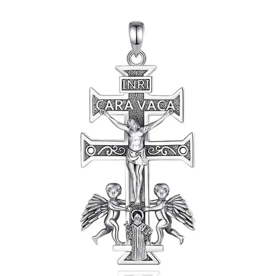 Colgante cruz de Caravaca, cruz con san Benito en plata 925 1