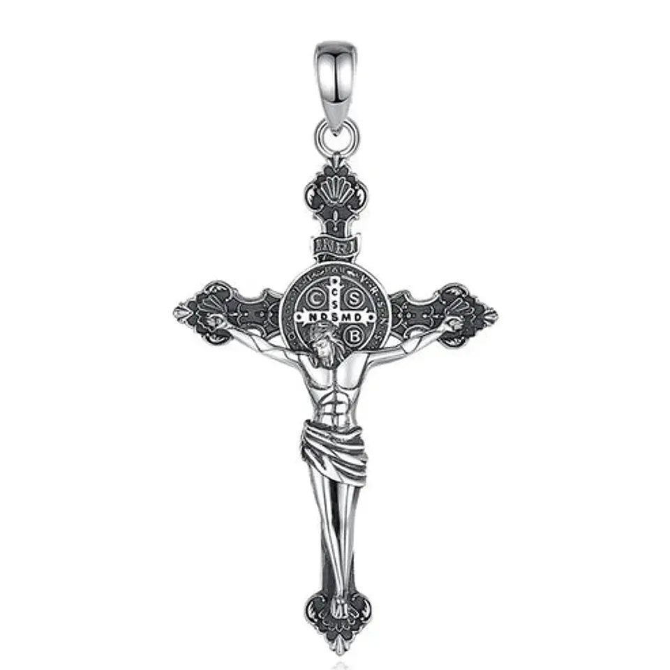Colgante cruz con San Benito en plata 925 1
