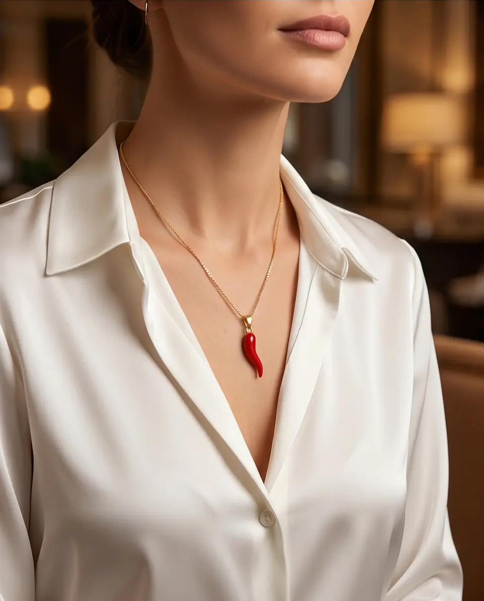 Collar Cornicello Italiano – Baño en Oro y Esmalte Rojo 3