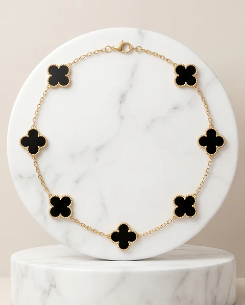 Collar Trébol Onyx - Baño en Oro