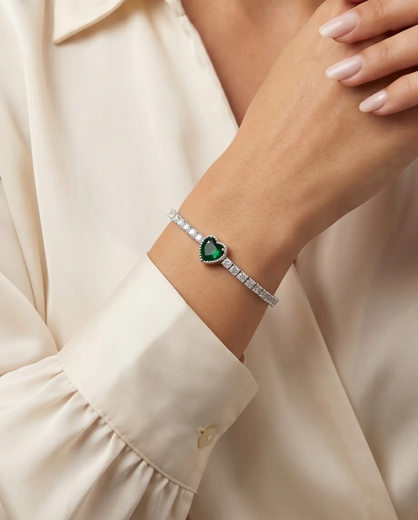 Pulsera Tennis Corazón Esmeralda - Plata 925 3