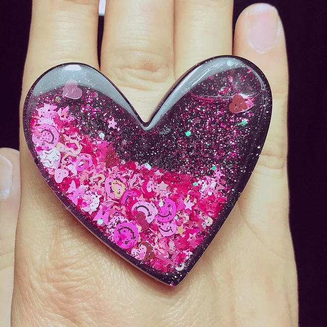 Anillo corazón L confetti fucsia y líquido