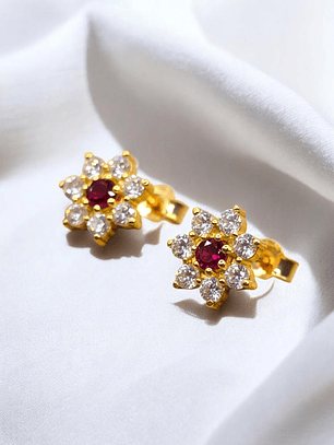 Aros rosa circónes y rubi grandes Oro 18k