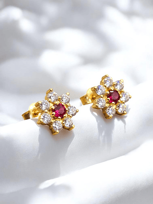 Aros rosa circónes y rubi grandes Oro 18k