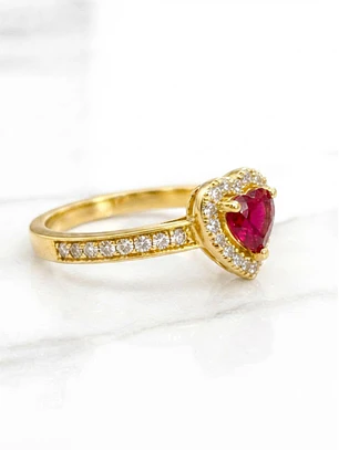 Anillo doble corazón cintillo rubi y circones Oro 18k
