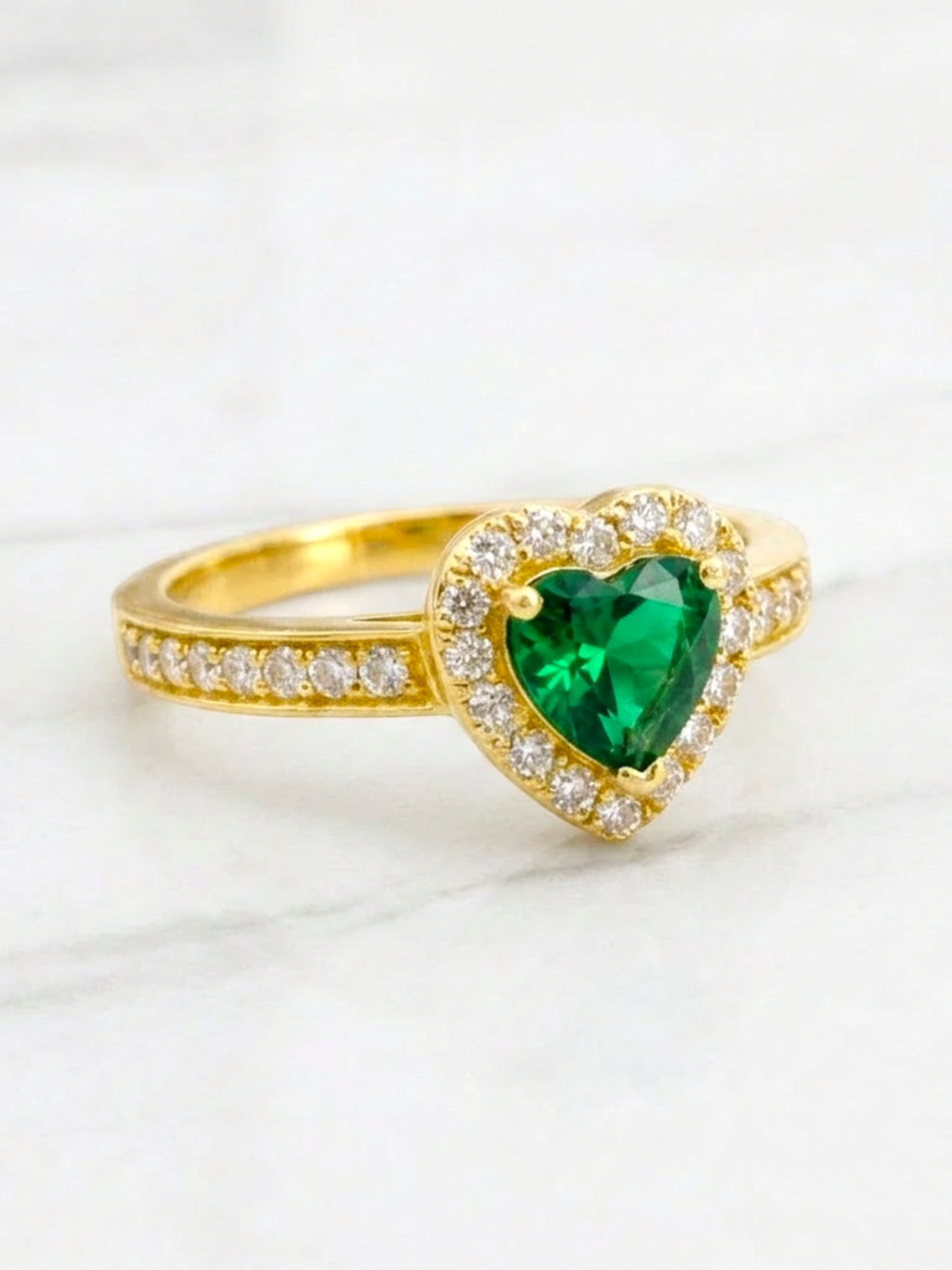 Anillo doble corazón cintillo esmeralda y circones Oro 18k 4