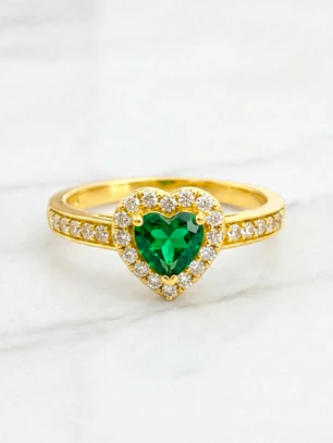 Anillo doble corazón cintillo esmeralda y circones Oro 18k