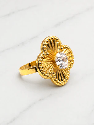 Anillo flor tallada circon Oro 18k
