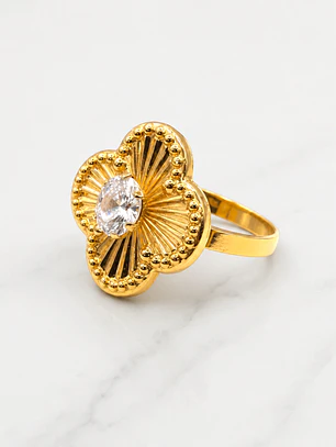 Anillo flor tallada circon Oro 18k