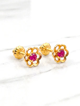Aros flores rubí y circónes Oro 18k