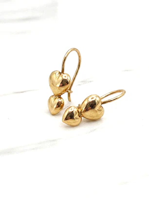Aros dos corazones gancho Oro 18k