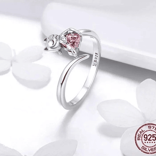 Anillo Gatito con Corazón Plata 925 2