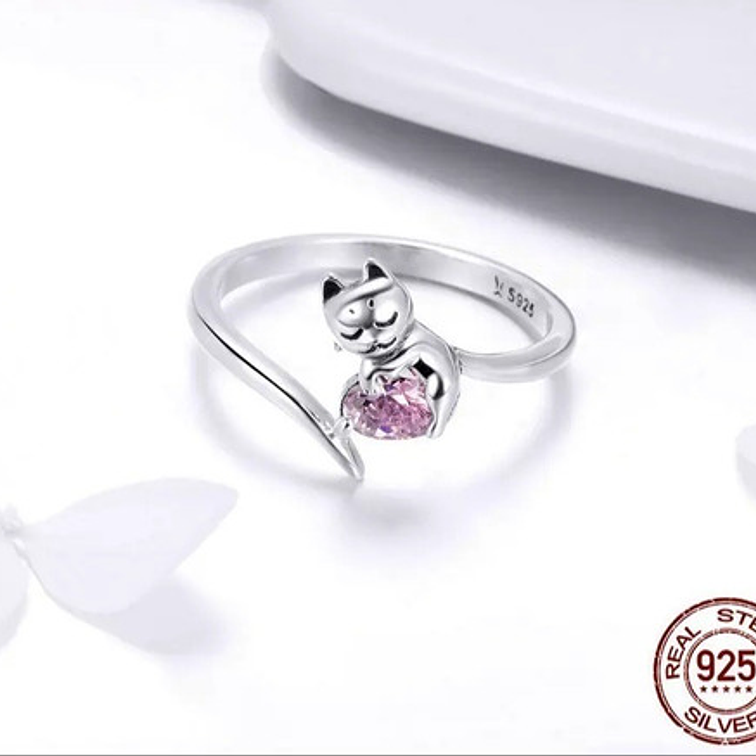 Anillo Gatito con Corazón Plata 925 4