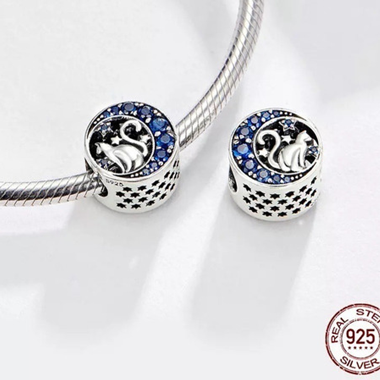 Charm Gato en la Luna y Estrellas Plata 925 3