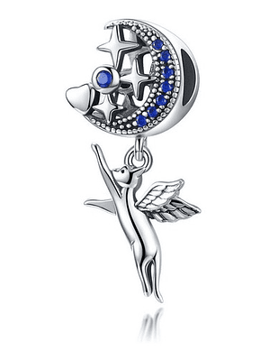 Charm Gato con Alas Bajo La Luna y Estrellas Plata 925