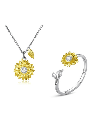 Conjunto Collar Anillo Girasol Plata 925