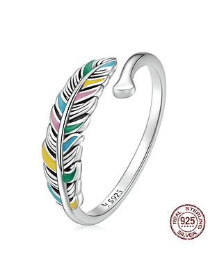 Anillo Pluma De Colores Plata 925