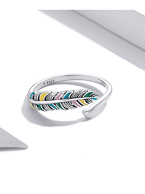 Anillo Pluma De Colores Plata 925
