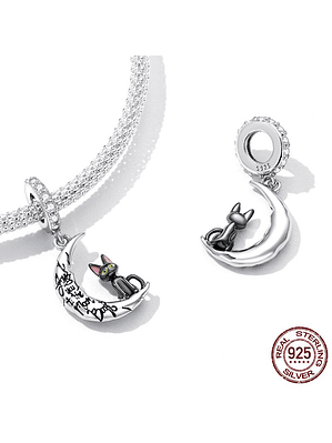 Charm Gato Negro En La Luna Plata 925