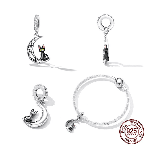 Charm Gato Negro En La Luna Plata 925 3