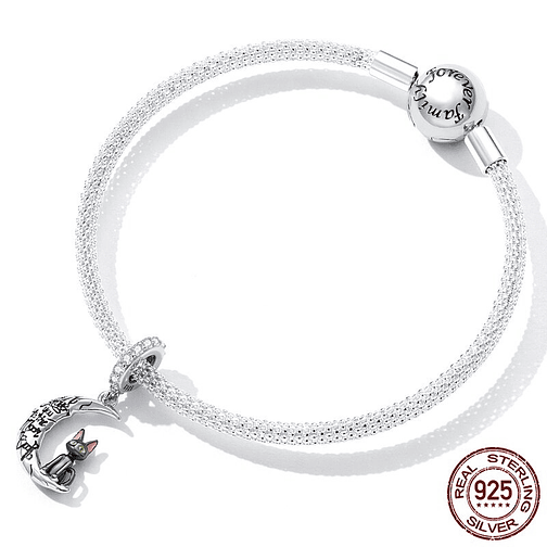 Charm Gato Negro En La Luna Plata 925 4