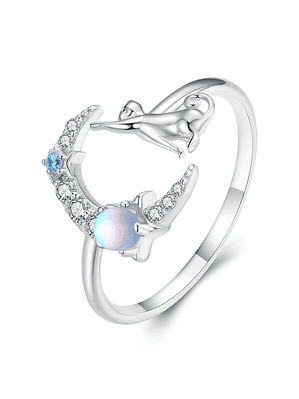 Anillo Gato Tocando La Luna Plata 925