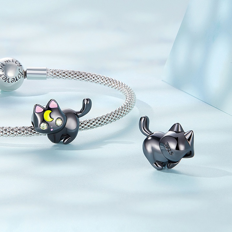 Charm Gato Negro Y Luna Plata 925 4