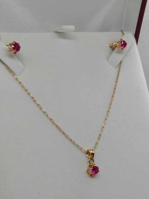 Conjunto cadena más aros Chatón italiano rubí 4.1 grs Oro 18k 2