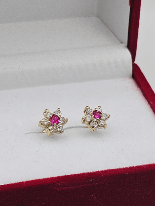 Aros roseta con circones y rubí 8 mm 2 grs Oro 18k 