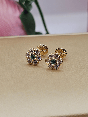 Aros roseta con circones y agua marina 7 mm 1.2 grs Oro 18k