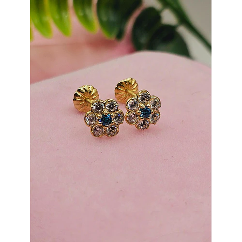 Aros roseta con circones y agua marina 7 mm 1.2 grs Oro 18k