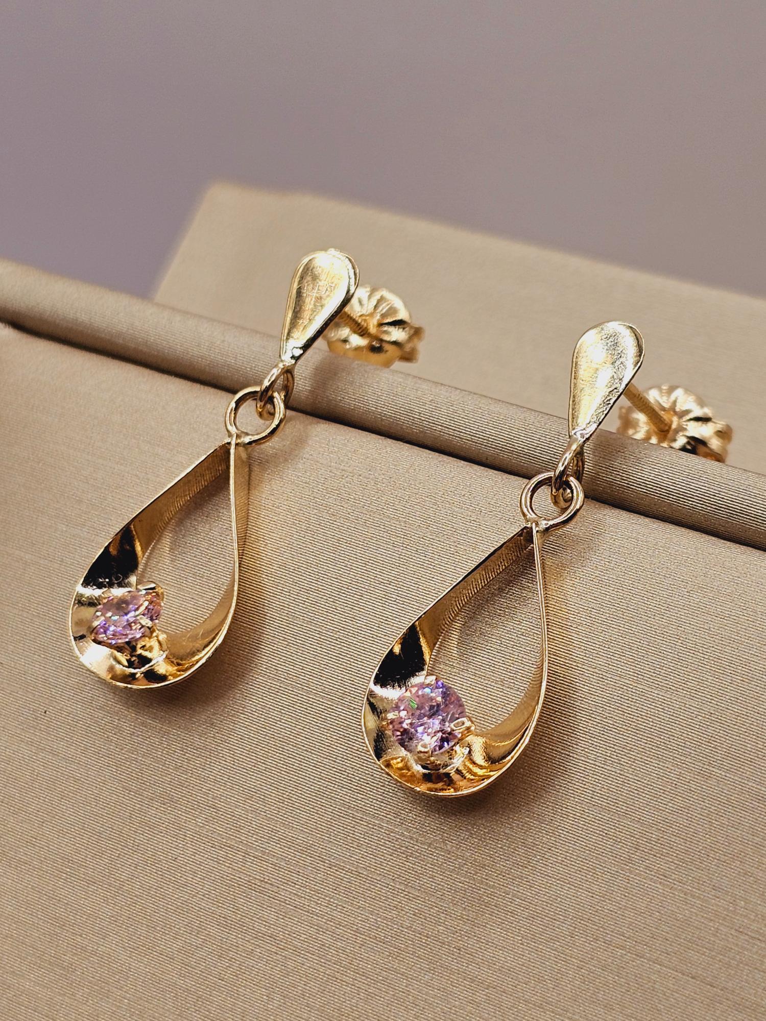 Aros gota colgante rosa de Francia con gancho 2. 9 cm 2.4 grs Oro 18k 7