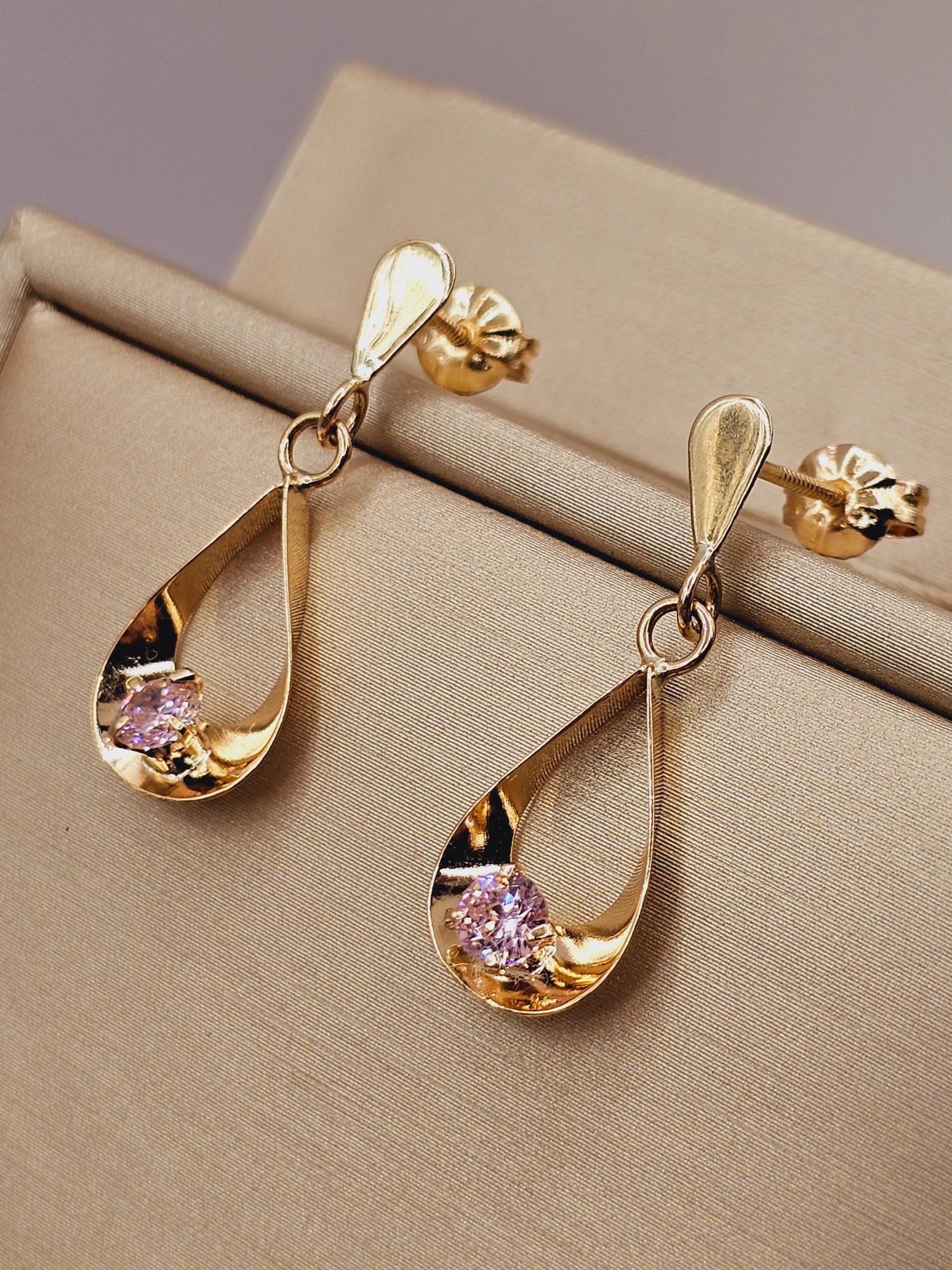 Aros gota colgante rosa de Francia con gancho 2. 9 cm 2.4 grs Oro 18k 3