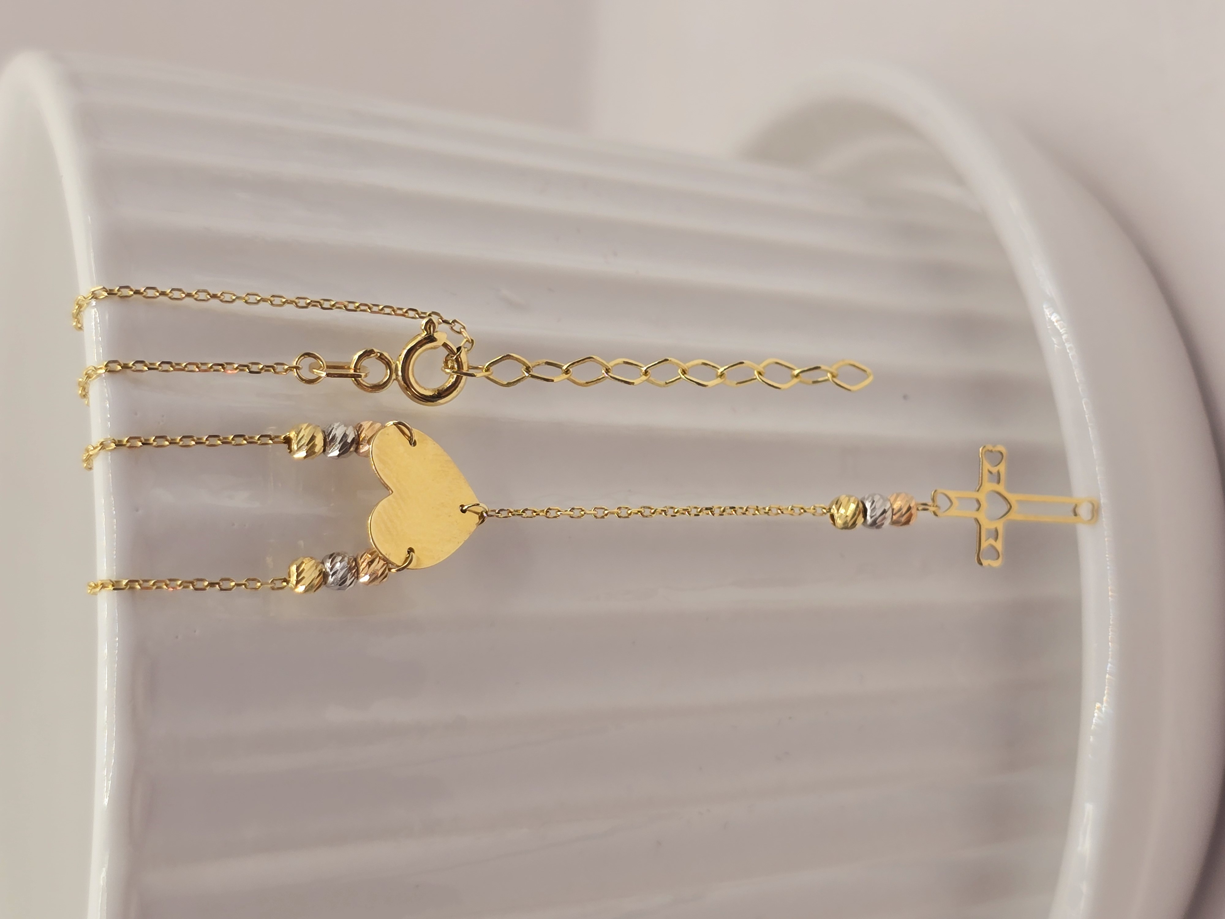 Collar corazones y cruz 40 cm ajustables 2.3 grs Oro italiano amarillo y blanco 18k  6