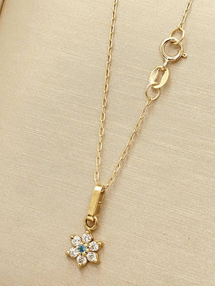 Cadena limada 50 cm con colgante roseta circones y agua marina 7 mm 1.8 grs Oro 18k