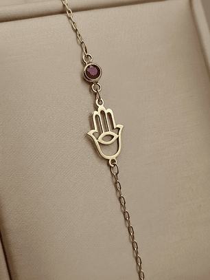Pulsera mano de Fátima y rubi 19 cm 1.5 grs Oro 18k