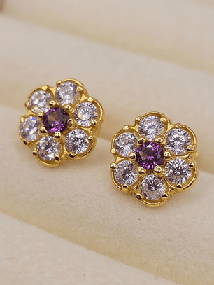 Aros roseta amatista y circones 11 mm 2.4 grs Oro 18k